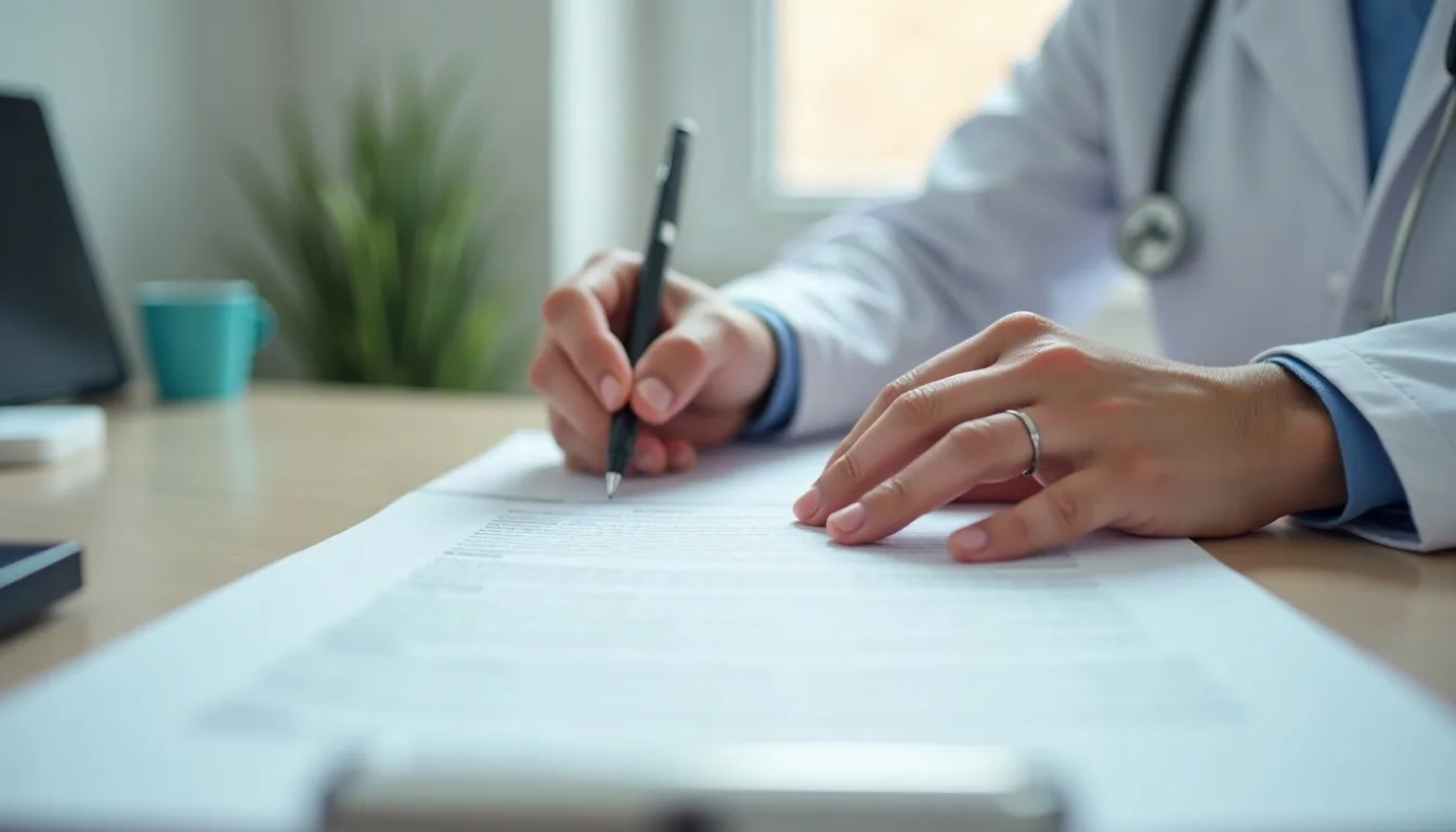 Manos rellenando un formulario con un bolígrafo sobre una mesa, en primer plano