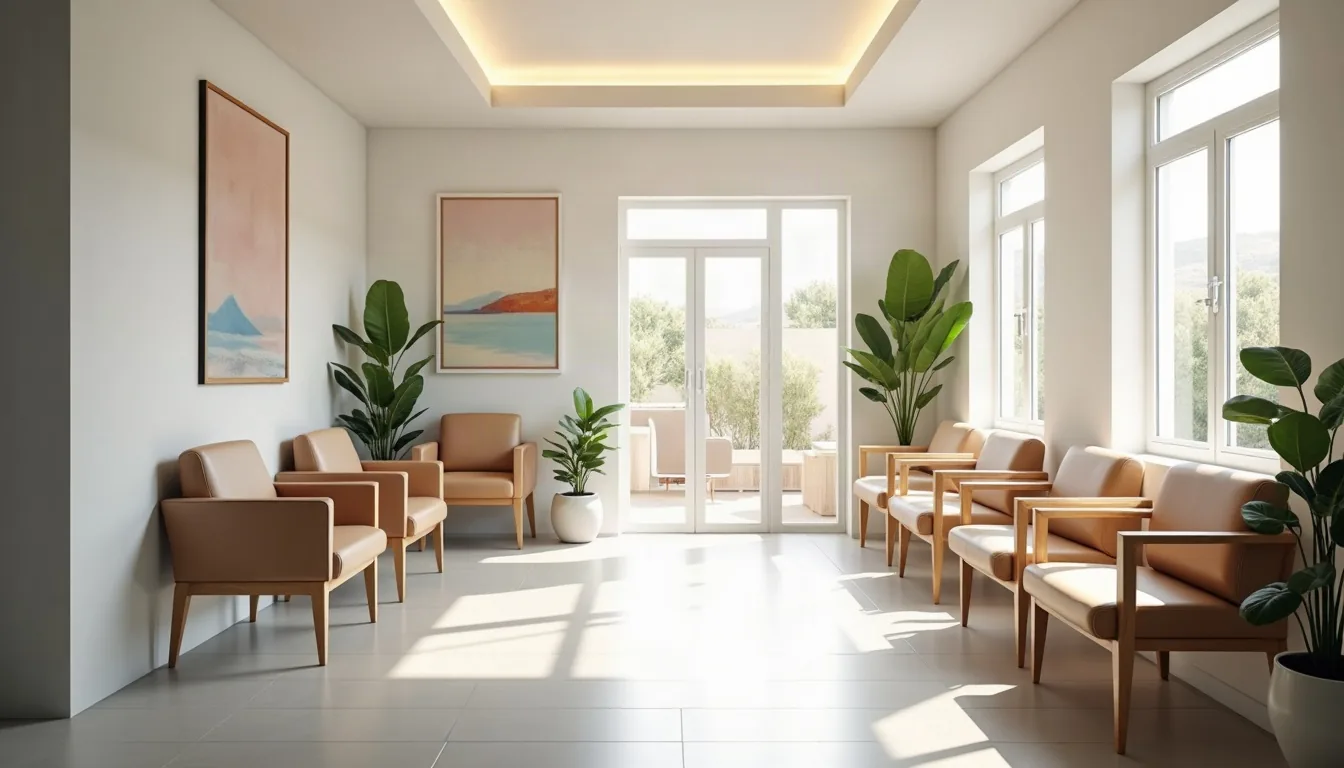 Sala de espera luminosa de un centro de salud, con sillas vacías