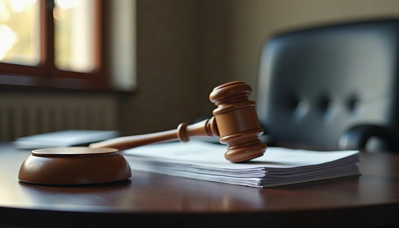 Mazo de madera de un juez junto a documentos sobre una mesa en una sala formal