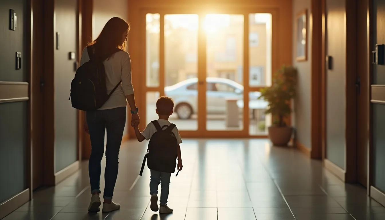 Una madre con la mochila de su hijo a la entrada del colegio por la mañana