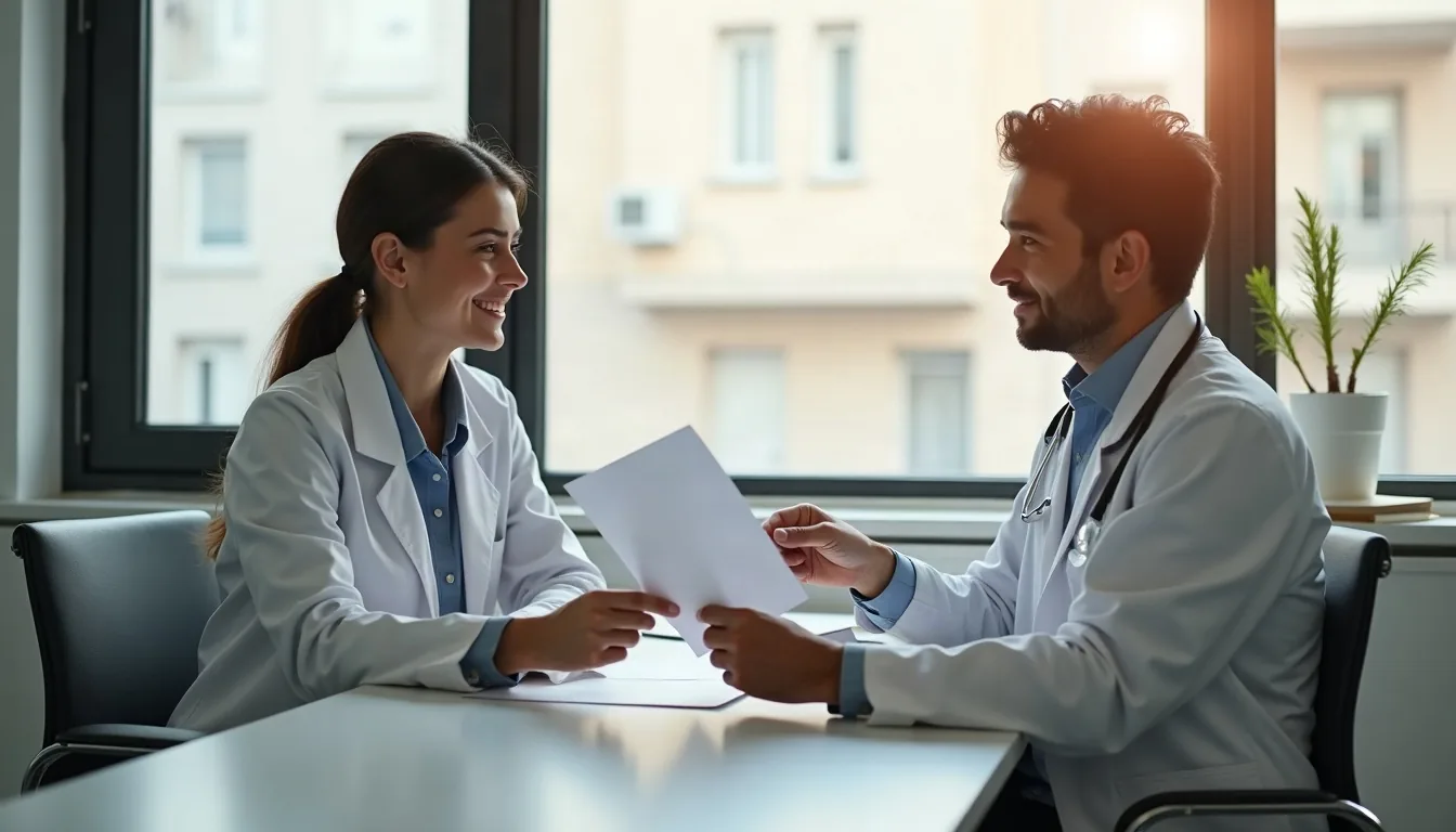 Dos personas en una oficina entregándose un documento sobre una mesa