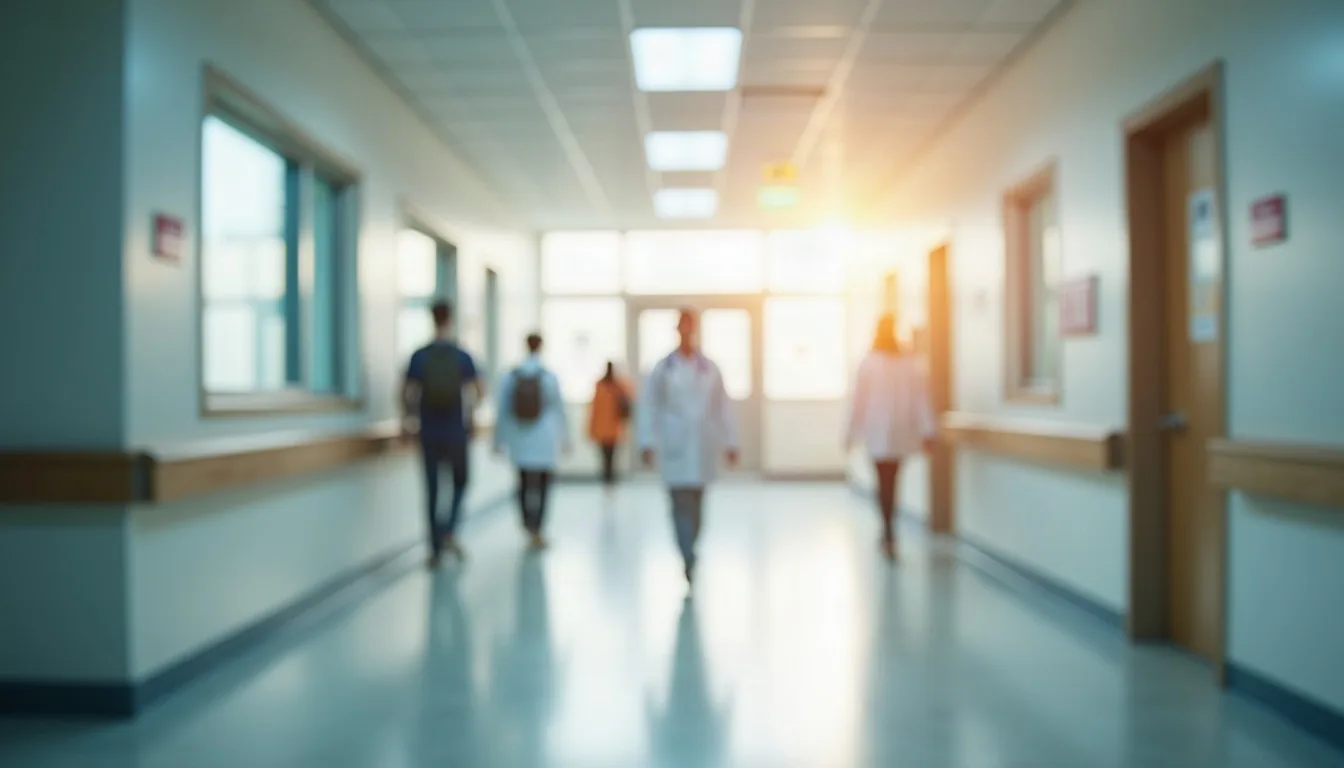 Pasillo de urgencias de un hospital moderno con personal al fondo
